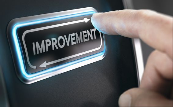 Man pressing a continuous improvement button to improve company processes. Composite image between a hand photography and a 3D background.