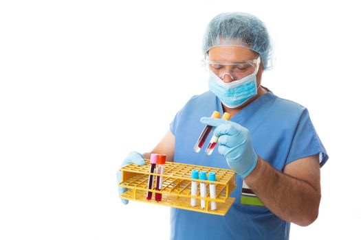 Hospital healthcare worker, pathologist or nurse carrying blood test samples in a test tube rack