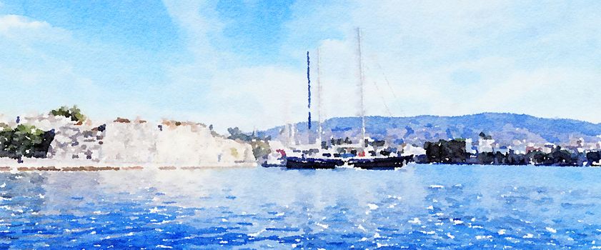 Watercolour Art Print, Yachts in the Blue Sea in Summer