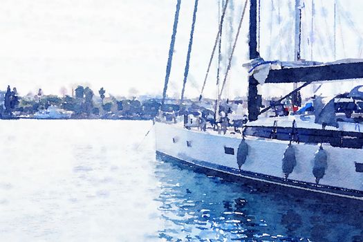 Watercolour Art Print, Yachts in the Blue Sea in Summer