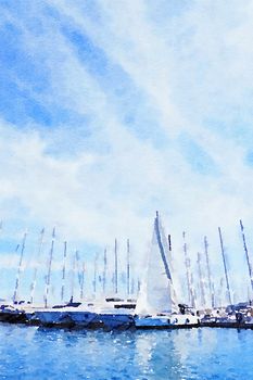 Watercolour Art Print, Yachts in the Blue Sea in Summer