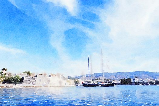 Watercolour Art Print, Yachts in the Blue Sea in Summer