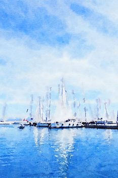 Watercolour Art Print, Yachts in the Blue Sea in Summer