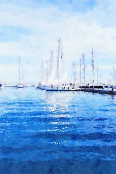 Watercolour Art Print, Yachts in the Blue Sea in Summer