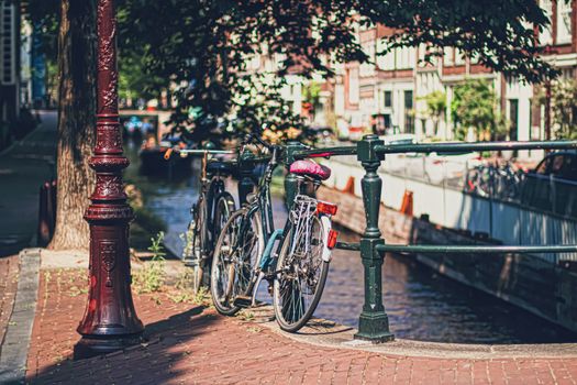 Main downtown street in the city center of Amsterdam in Netherlands on sunny day