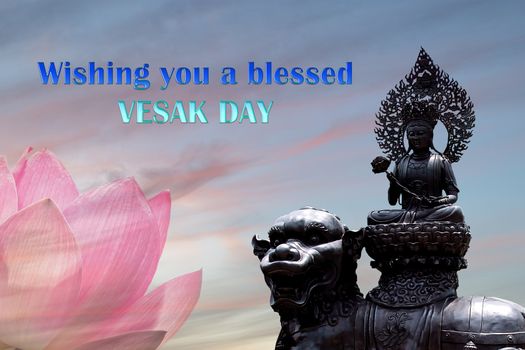 Congratulations to the Buddhist celebration of Buddha's birthday, called Vesak Day, Buddhist lent, the Buddha's birthday, the worship of Buddha Purnima. Text on a pink Lotus flower background.