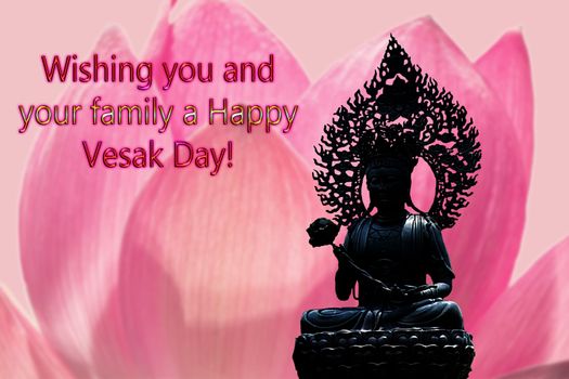 Congratulations to the Buddhist celebration of Buddha's birthday, called Vesak Day, Buddhist lent, the worship of Buddha Purnima. Text on the background of a pink Lotus flower and the silhouette of a Buddha statue