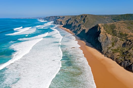 Aerial from Praia Vila de Bispo in the Algarve Portugal