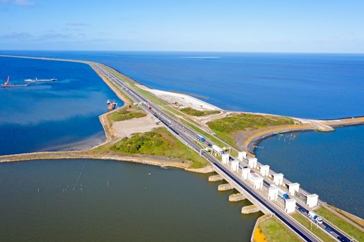 Aerial from sluices at Kornwerderzand in the Netherlands