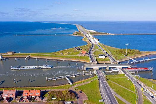 Aerial from sluices at Kornwerderzand in the Netherlands