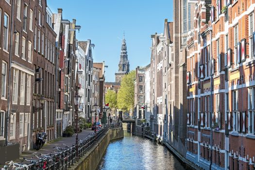 City scenic from Amsterdam in spring in the Netherlands with the North Church (Noorderkerk)