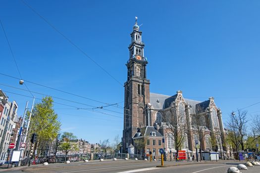 City scenic from Amsterdam in spring in the Netherlands with the Westerkerk