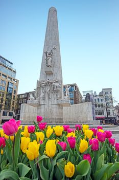 National monument on the Dam Square in spring in Amsterdam Netherlands