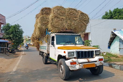 Truck full of hay bales in the streets of Tiruvanamalai India