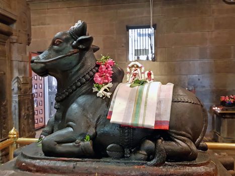Ancient nandi statue in the Ramana Ashram in Tiruvanamalai India
