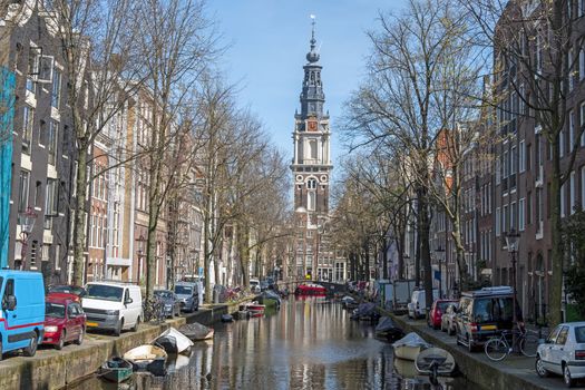 City scenic from Amsterdam in the Netherlands with the Zuiderkerk