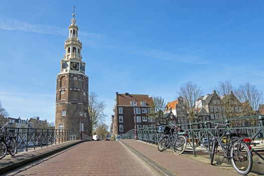 City scenic from Amsterdam in the Netherlands with the Montelbaan tower