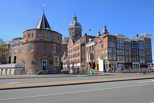 City scenic from Amsterdam in the Netherlands with the Niklaas church
