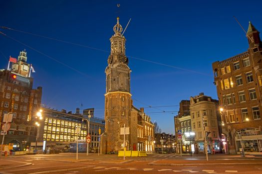 The Munt tower in Amsterdam the Netherlands at sunset
