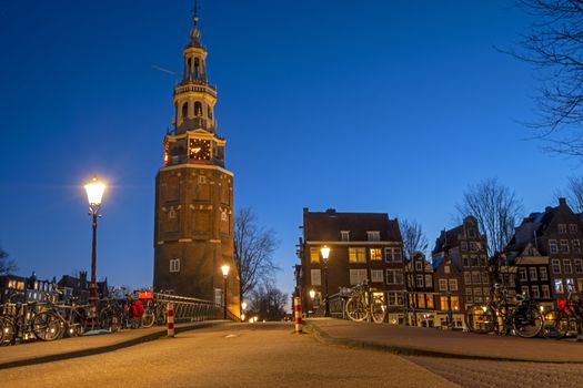 The Montelbaan tower in Amsterdam Netherlands at night