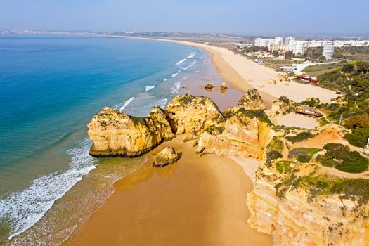Aerial from Praia Tres Irmaos in Alvor the Algarve Portugal