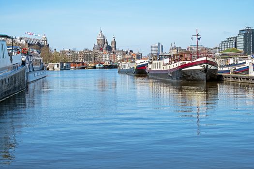 City scenic from the harbor from Amsterdam in the Netherlands