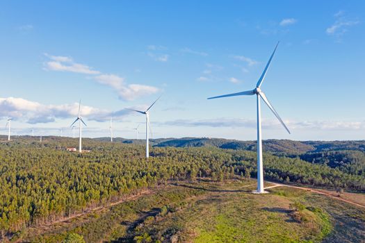 Aerial View Of Wind Turbine Park In Portugal Generating Clean Energy