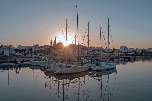 The harbor from Lagos in the Algarve Portugal at sunset