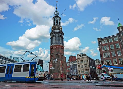 City scenic from Amsterdam in the Netherlands with the Munt tower