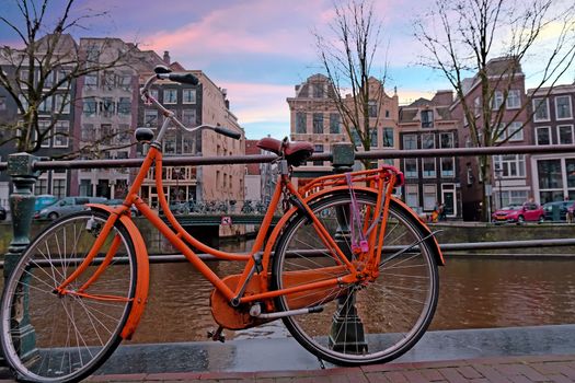 City scenic from Amsterdam in the Netherlands at sunset