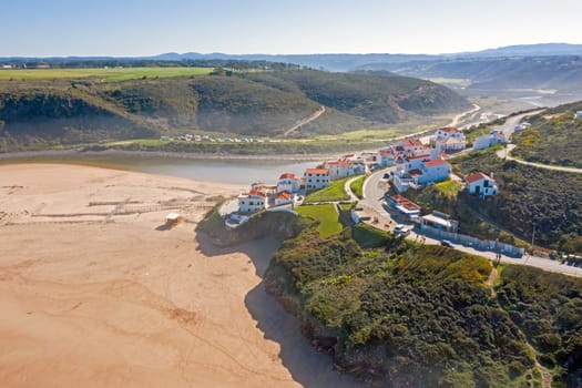 Aerial from the beach and village Odeceixe in Portugal