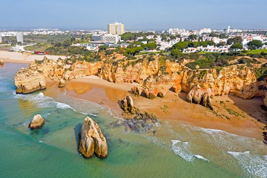 Aerial from Praia Tres Irmaos in Alvor the Algarve Portugal