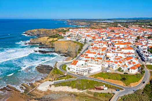 Aerial from the village Zambujeira do Mar at the west coast in Portugal