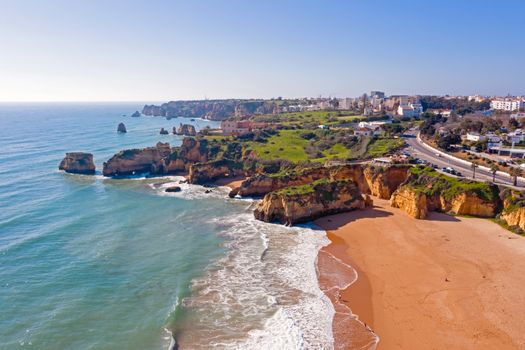 View on the rocky coast from Lagos in the Algarve Portugal