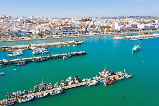 Aerial from the harbor and city Lagos Portugal