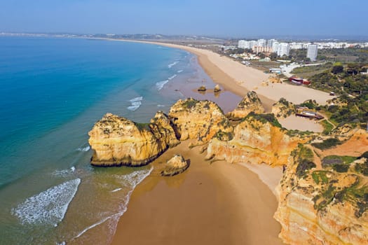 Aerial from Praia Tres Irmaos in Alvor the Algarve Portugal