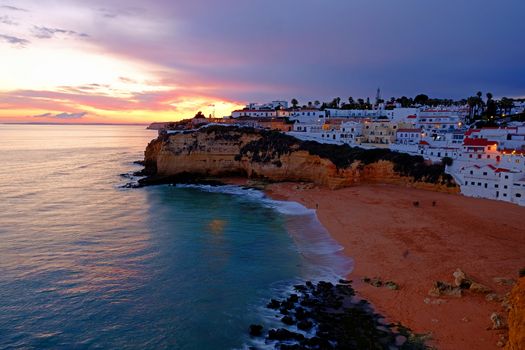 The village Carvoeiro in the Algarve Portugal at sunset