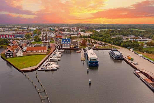 Aerial from the city and harbor from Huizen in the Netherlands
