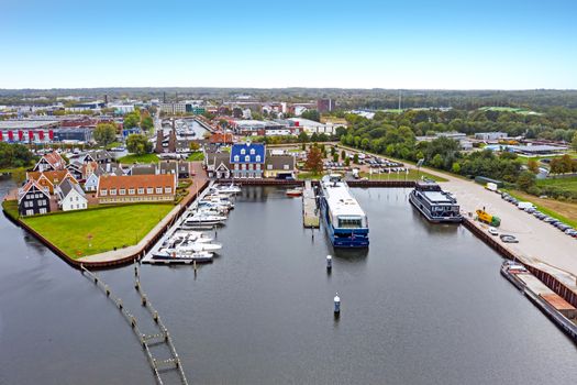 Aerial from the city and harbor from Huizen in the Netherlands