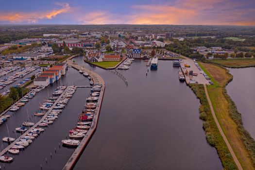 Aerial from the city and harbor from Huizen in the Netherlands