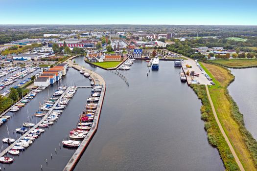 Aerial from the city and harbor from Huizen in the Netherlands