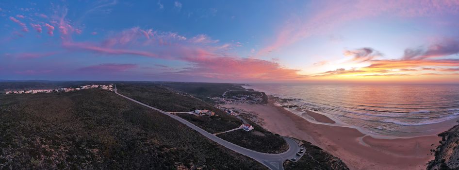 Panorama aerial from Monte Clerigo at the west coast in Portugal at sunset