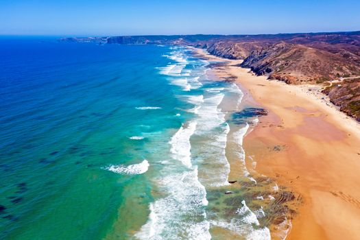 Aerial from the beach at Praia Vale Figueiras in Portugal