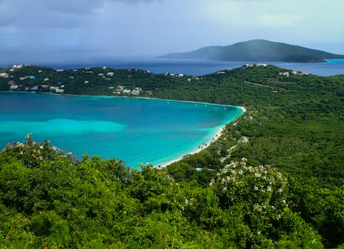 Magens Beach in St. Thomas US Virgin Island on a beautiful clear day with turquoise blue water