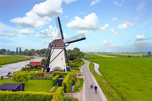 Aerial from a traditoinal windmill in the countryside from the Netherlands