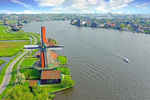 Aerial from traditional windmills at Zaanse Schans in the Netherlands