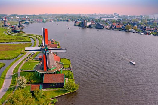 Aerial from traditional windmills at Zaanse Schans in the Netherlands
