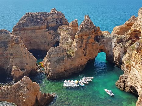 Aerial from natural rocks at Ponte Piedade in Lagos Portuga,