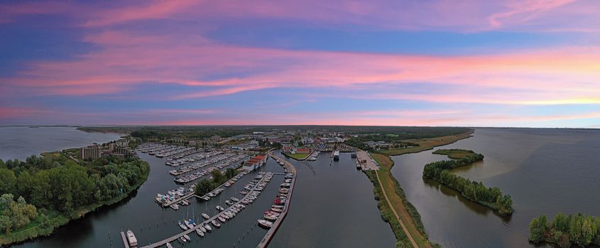 Panoramic aerial from the harbor from Huizen in the Netherlands at sunset