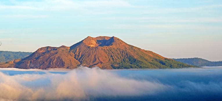Aerial panorama from Mt. Batur on Bali Indonesia at sunrise
